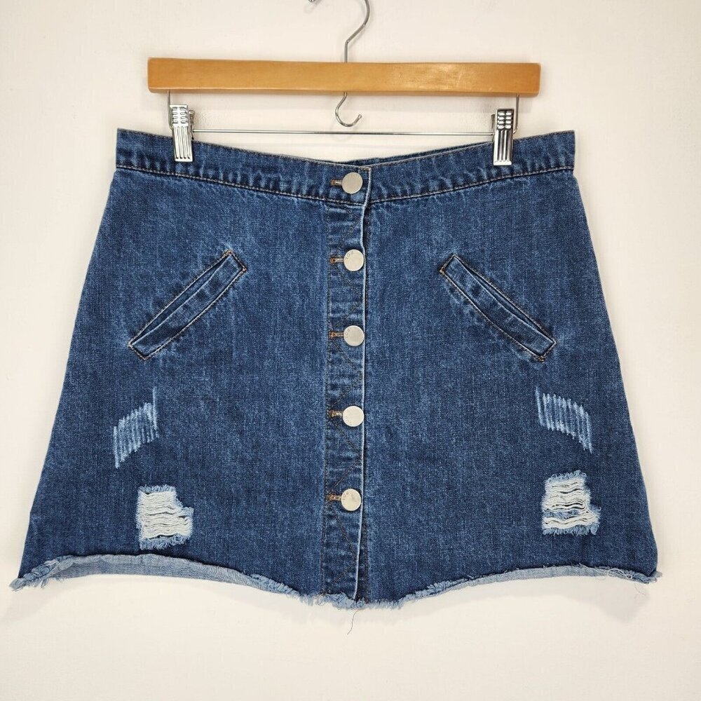 POL Denim‎ Mini Skirt Womens Large Blue Button Front Distressed Boho Raw Hem
